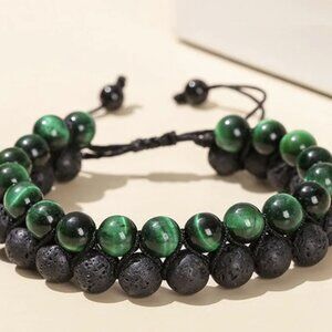 Green Tiger's Eye & Black Lava Rock Double Stacked Braided Beaded Bracelet NEW